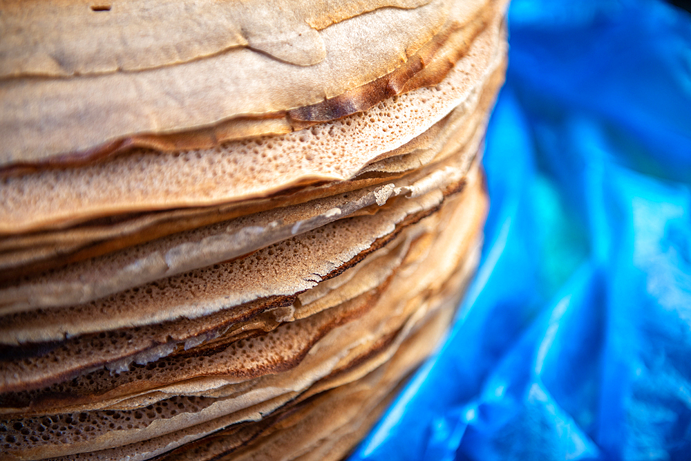 Close up of stack of Injera or Ethiopian flatbread, Debre Berhan, Ethiopia