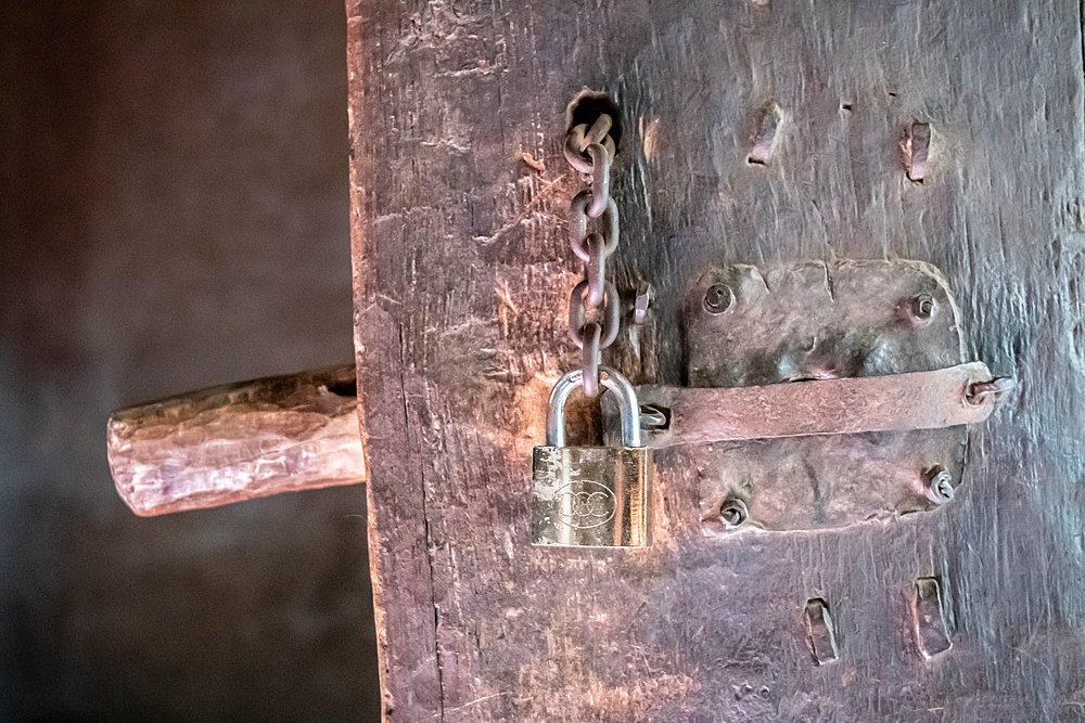 A padlock on a wooden door, Bet Maryam (Church of St. Mary) in Lalibela, Ethiopia