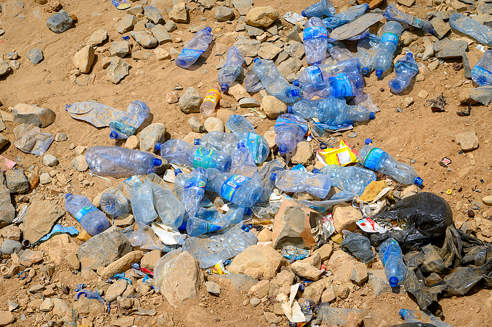 A large amount of plastic water bottles littered in the Danakil Depression, Ethiopia