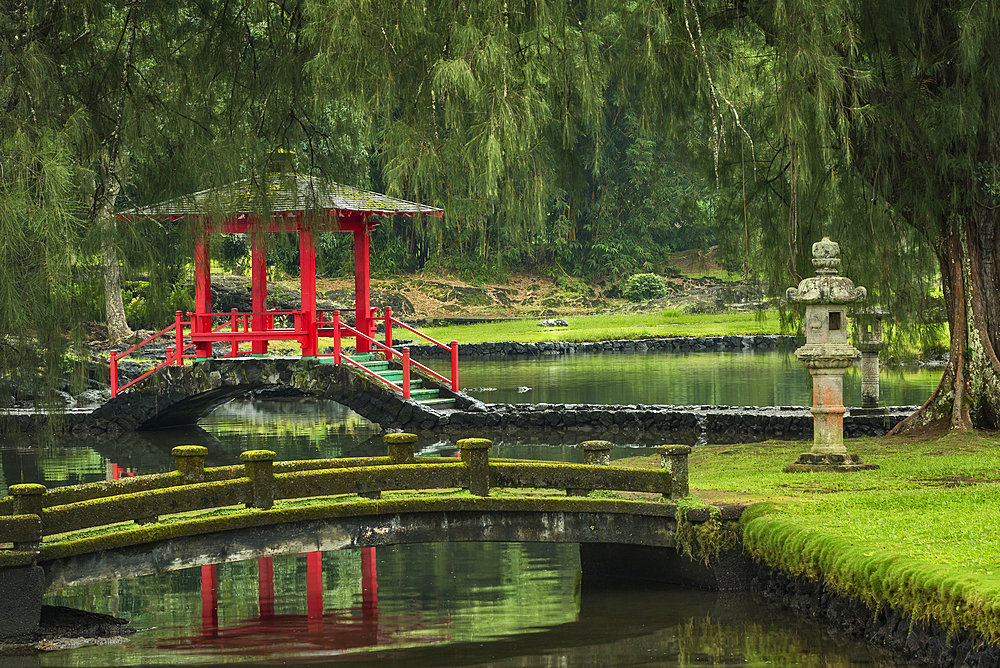 Fishpond, pagoda and bridges in the Japanese Garden of Liliuokalani Gardens in Hilo on the Big Island of Hawaii.