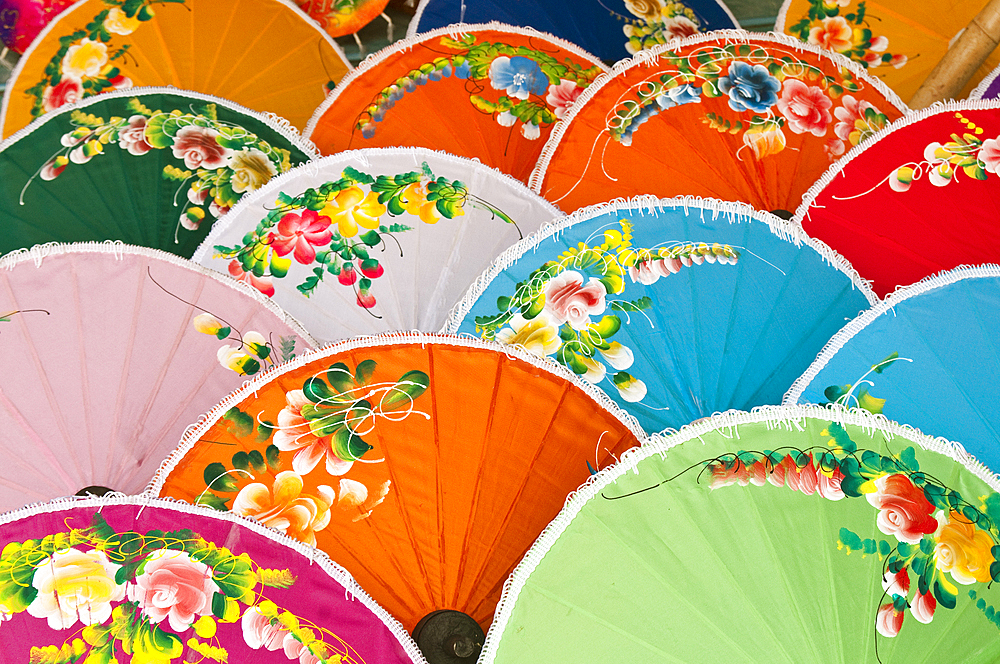 Hand-painted umbrellas for sale at The Umbrella Factory in Chiang Mai, Thailand.