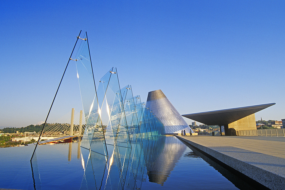 Museum of Glass and its outdoor reflecting pool; Tacoma, Washington.