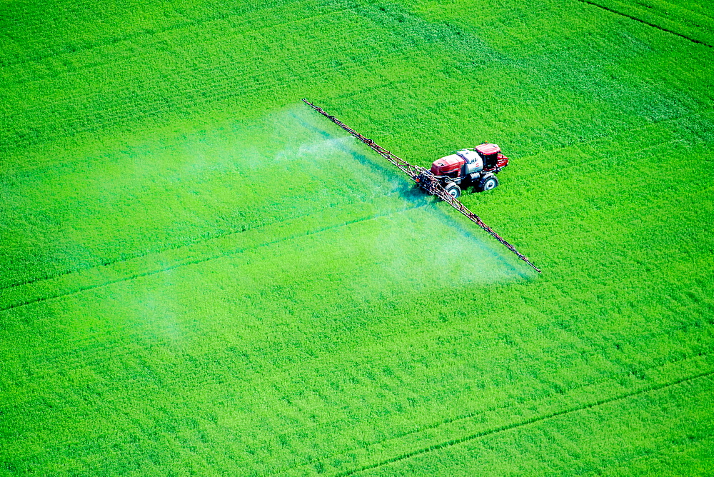 Aerial of spray application in green agricultural field on the eastern shore of Maryland, USA