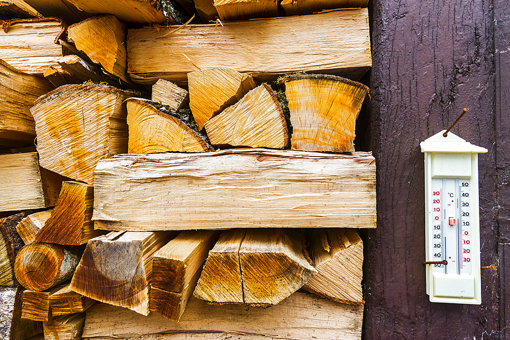 firewood and thermometer. Burguete, Pyrenees. Navarre, Spain, Europe