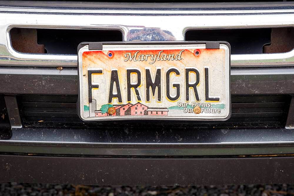 License Plate on truck for female farmer near  Federalsburg, Maryland, USA