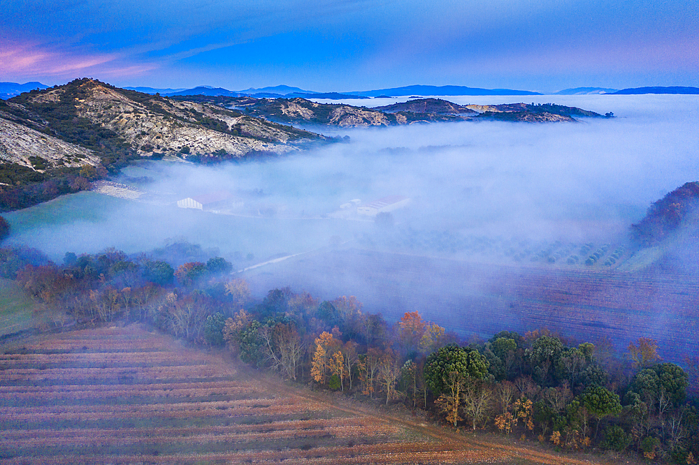 Agricultural area and fog. Aerial view. Ayegui area. Navarre, Spain, Europe