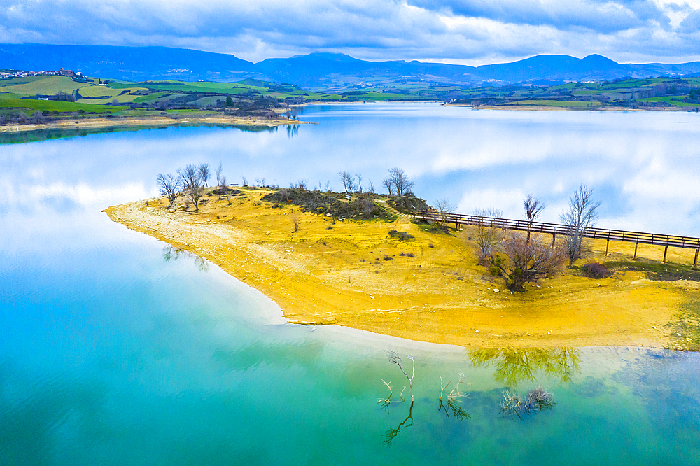 Reservoir shore aerial view. Alloz reservoir. Navarre, Spain, Europe