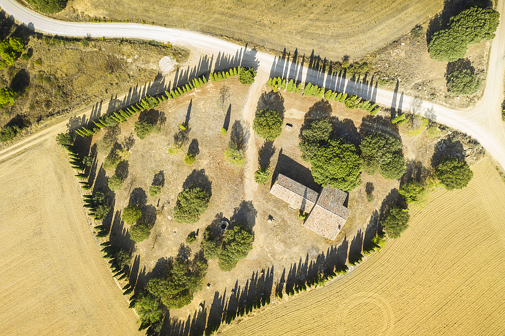 Shrine aerial view in a rural land. Navarre, Spain, Europe