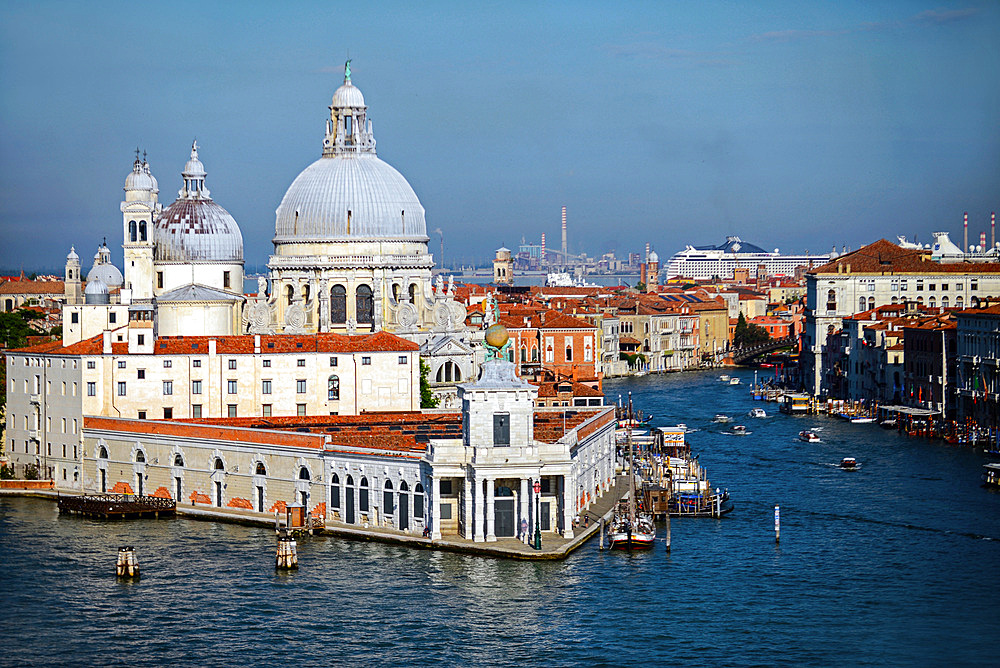 The Basilica di Santa Maria della Salute (Basilica of Saint Mary of Health) and entrance to the Grand Canal, from the Canale di San Marco, Venice