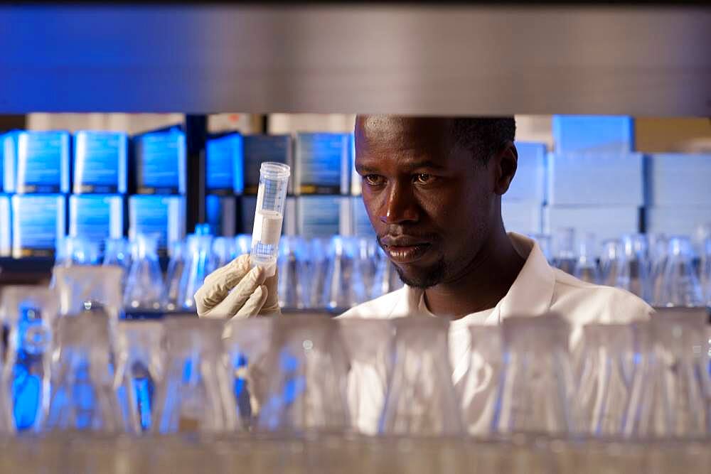 Researcher in a lab studying a sample