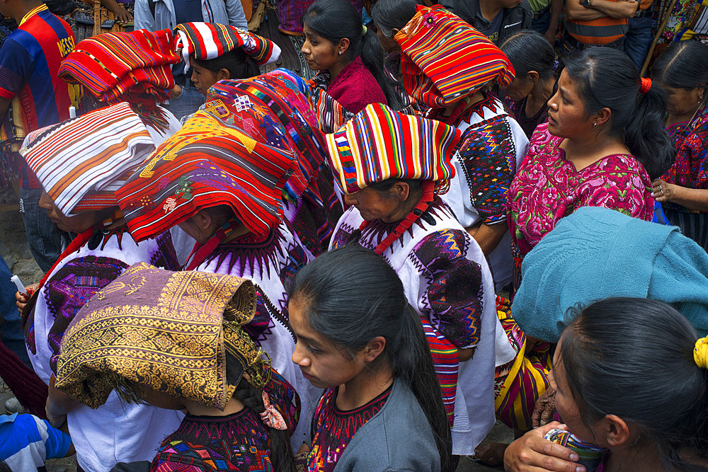 Chichicastenango, Quiche, Guatemala, Central America. Typical women hats during Holy Week processions.