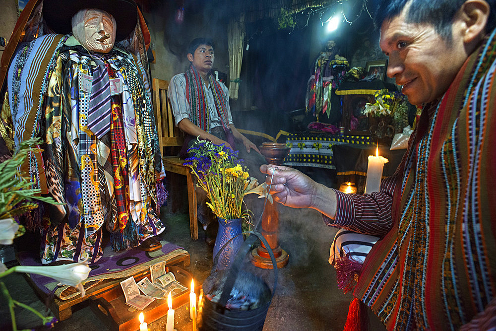 Shrine of El Maximon in Santiago De Atitlan, Guatemala. Maximon saint/devil is one of the strongest remnants of the Mayan faith