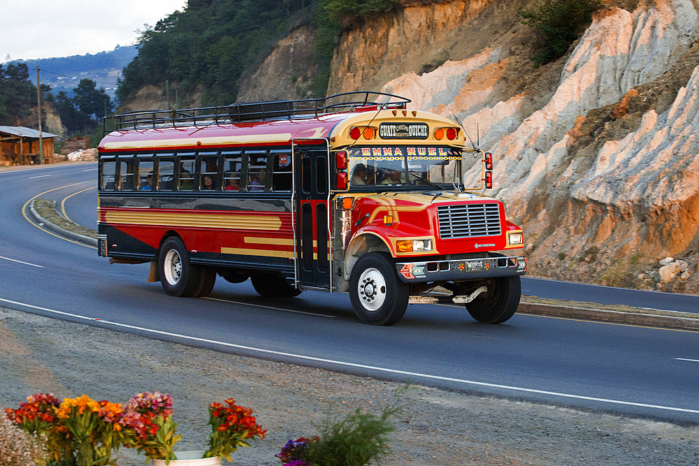 Chicken bus, Guatemala to Quiche, Chichicastenango, Central America, Guatemala. Typical colorful and decorated bus