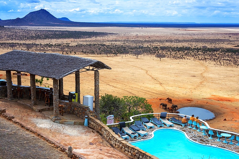 Guests looking over swimming pool to savannah, Voi Safari Lodge, Tsavo East National Park, Coast, Kenya. Elephants at a waterhole in front of Voi Safari Lodge Tsavo East National Park Kenya East Africa