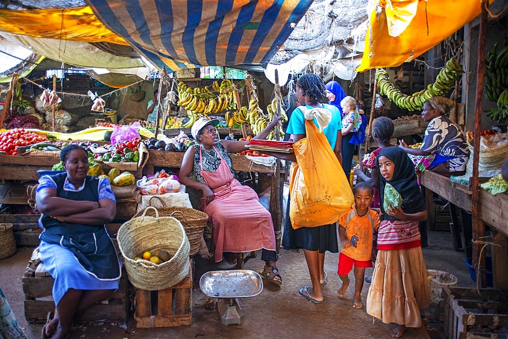 Woman selling vegetables in the market, Lamu town, Lamu Archipelago, Kenya