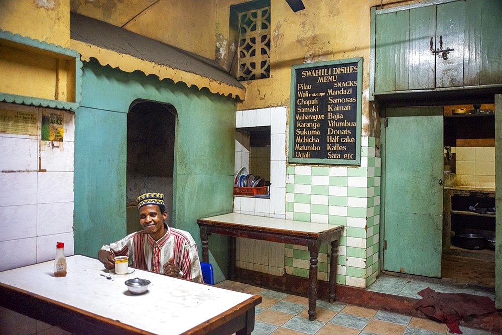 Local restaurant on the main street of Lamu town in Lamu Island Kenya