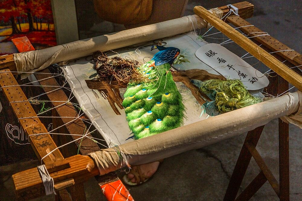 An elaborate needlework wallhanging of a peacock being hand-stitched in Guilin, China.