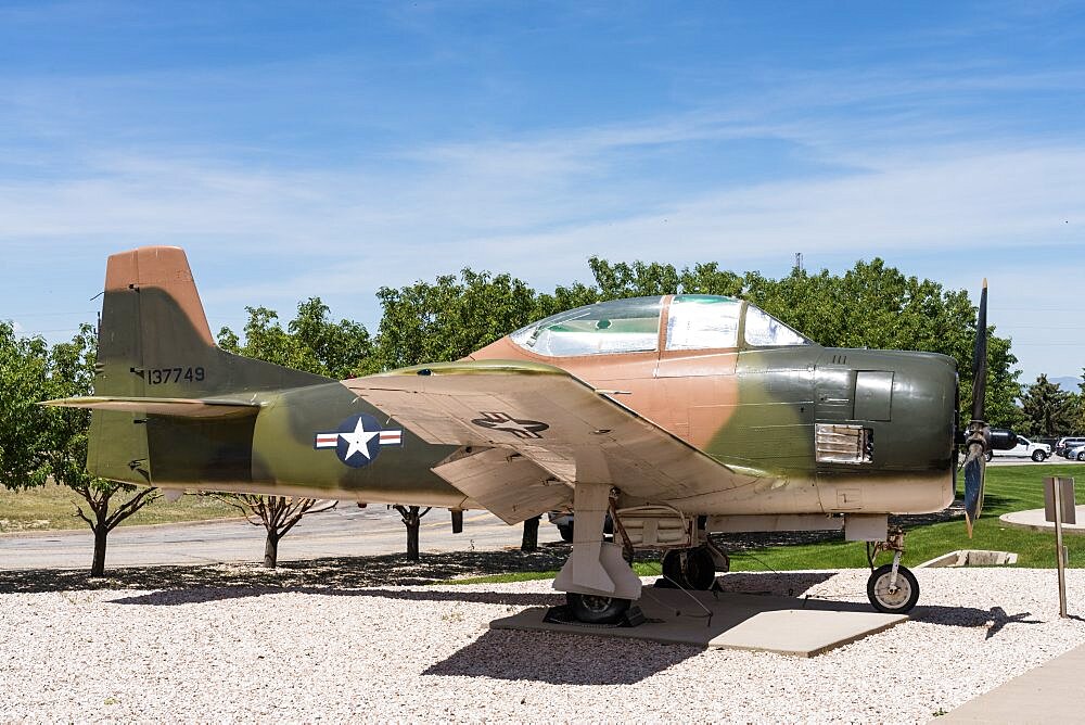 A North American T-28B Trojan training aircraft from the 1950s in the Hill Aerospace Museum.