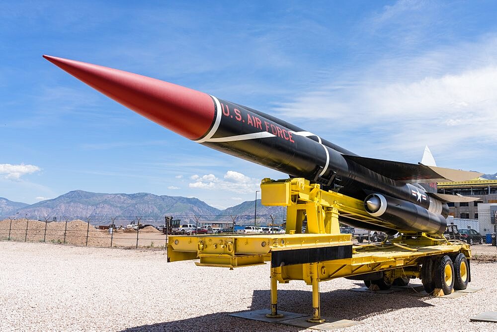 A Boeing CIM-10 Bomark supersonic long-range surface-to-air anti-aircraft missile in the Hill Aerospace Museum.