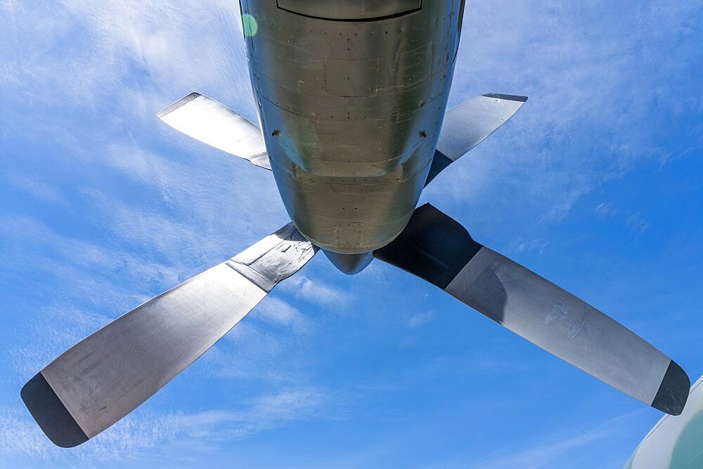 A Lockheed C-130 Hercules military transport aircraft in the Hill Aerospace Museum in Utah.