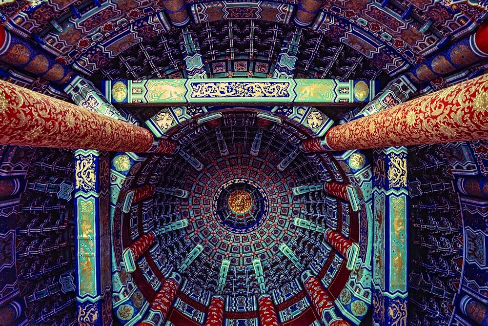 Inside the dome of the Hall of Prayer for Good Harvests in the Temple of Heaven complex in Beijing, China.