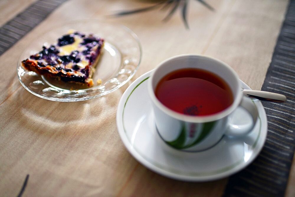 Cup of tea and piece of berries handmade cake. Inside the home of Tuula Airamo, a S?mi descendant, and Reindeer farmer, by Muttus Lake. Inari, Lapland, Finland