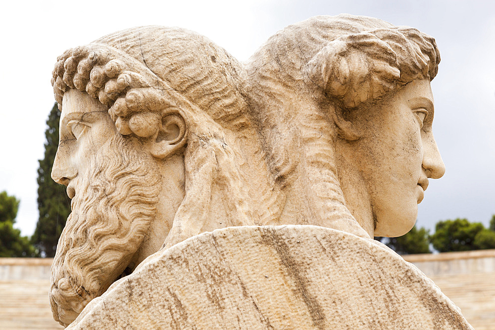 Stone heads of two sided herms inside Panathenaic Stadium, original modern day Olympic Stadium, Athens, Greece