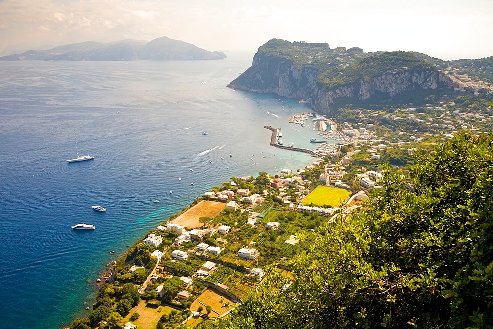 View of Isle of Capri coastline and Marina Grande, from Villa San Michele, Capri, Italy