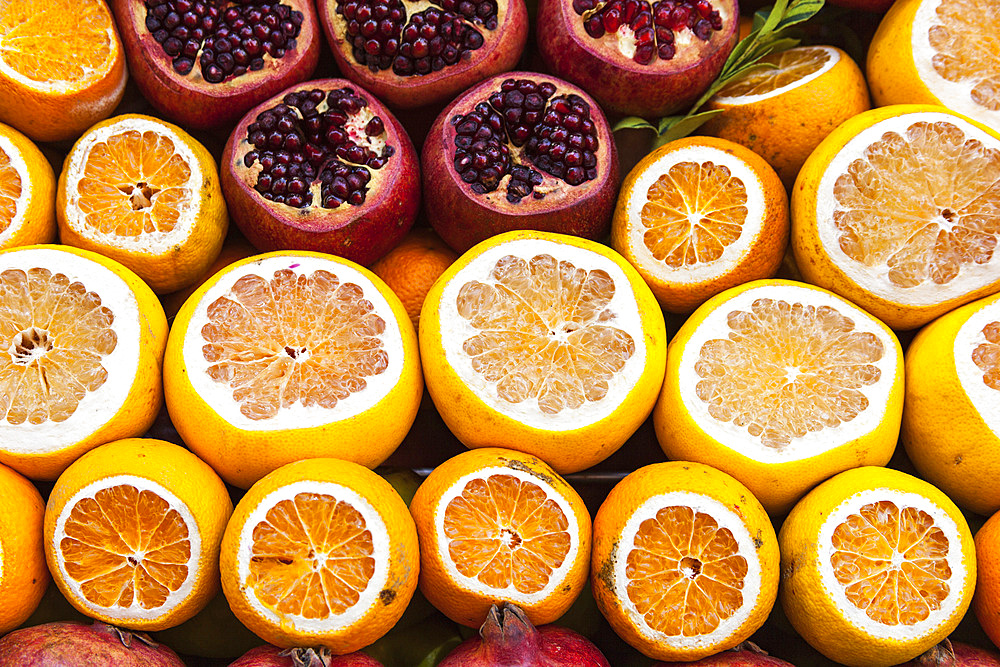 Cut fruit for sale, on a fruit stall, Istanbul, Turkey