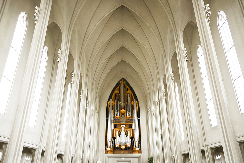 Interior of Hallgrimskirkja Church, including the large pipe organ, Reykjavik, Iceland