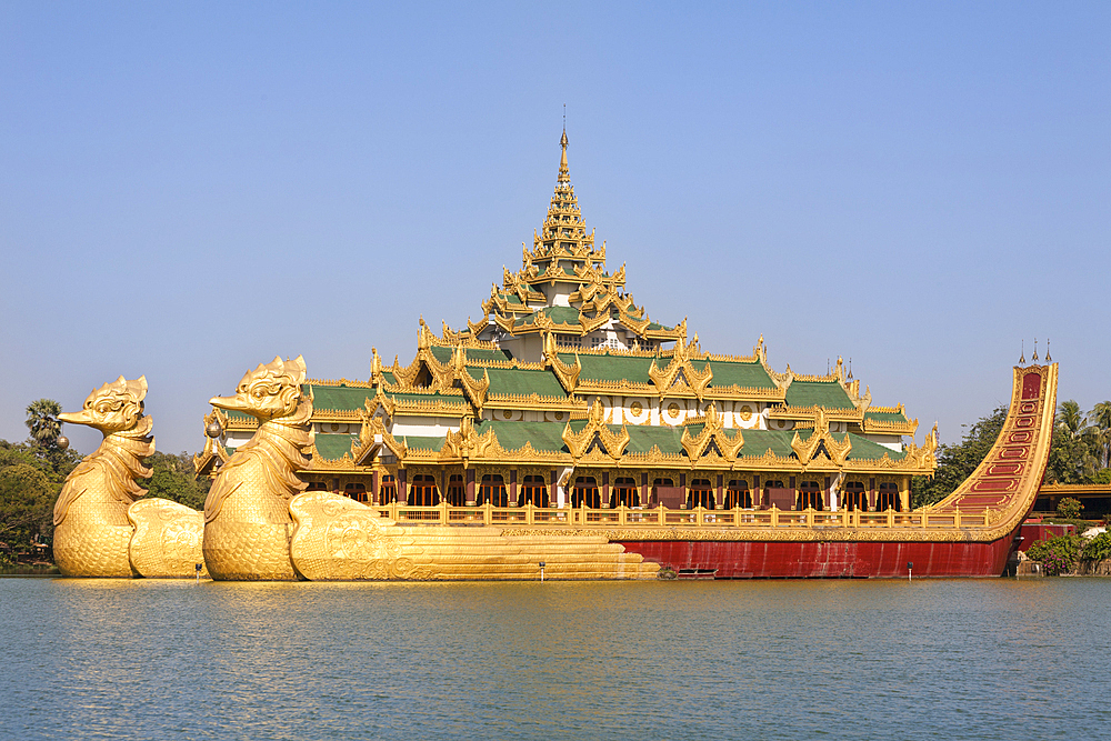 Karaweik Barge, concrete replica of the Royal Barge, Kandawgyi Lake, Yangon, (Rangoon), Myanmar, (Burma)