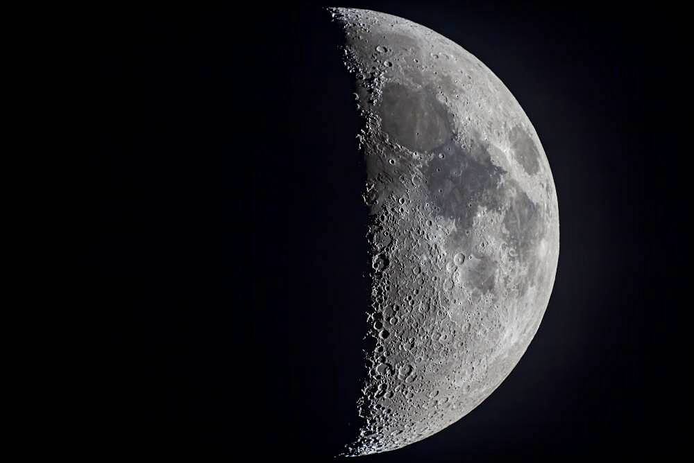 The 6.5-day-old Moon (approximately) with the Lunar X (below centre) and V (above centre) formations well lit on the terminator. This phase has an incredible amount of detail and variety of features visible along the terminator.