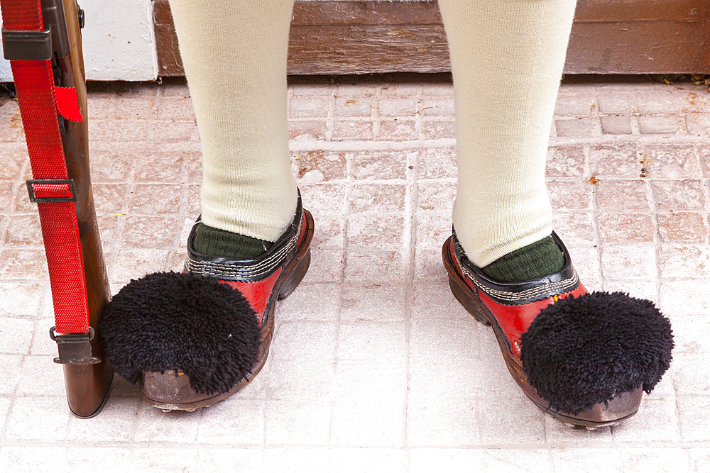 Tsarouhi, footwear of an Evzone, a Greek soldier, outside the Presidential Palace, Athens, Greece