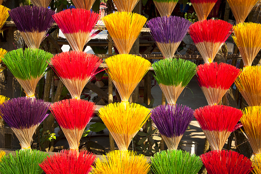 Colourful bundles of incense sticks for sale, Thuy Xuan Hat village, near Hue, Vietnam