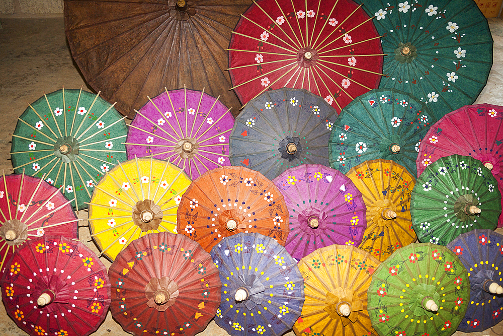 Colourful umbrellas for sale at a paper making workshop, Heho, near Taunggyi, Myanmar, (Burma)