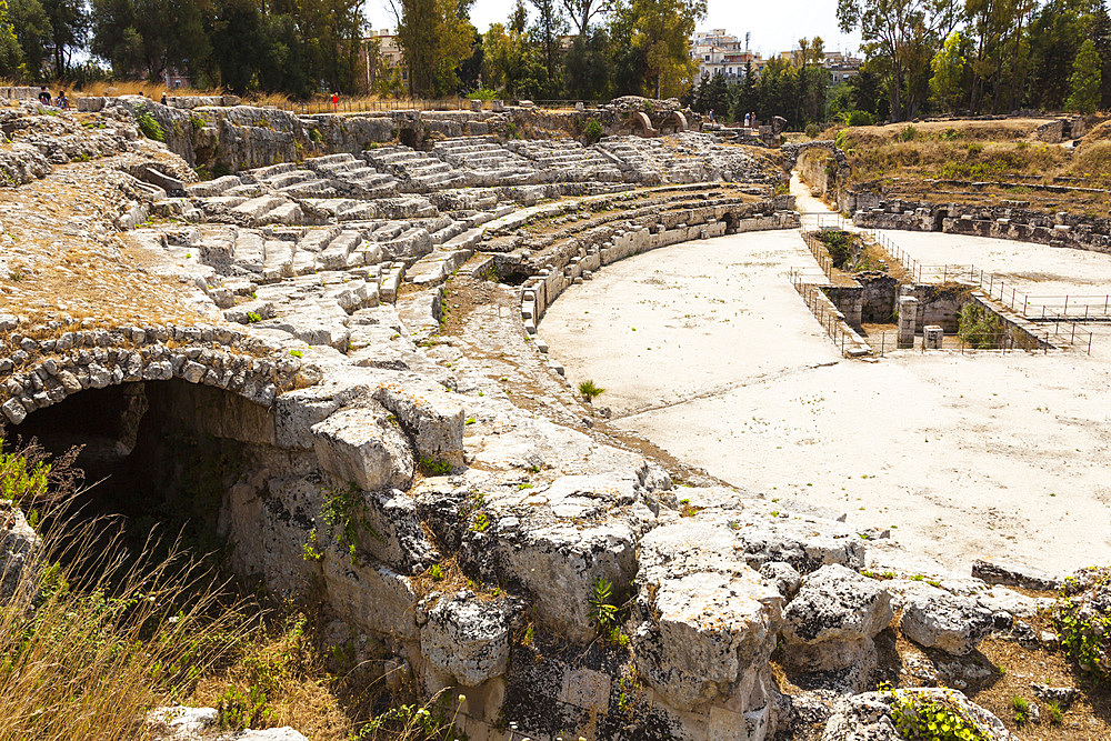 The Roman Amphitheatre, Neapolis Archaeological Park, Syracuse, Sicily, Italy