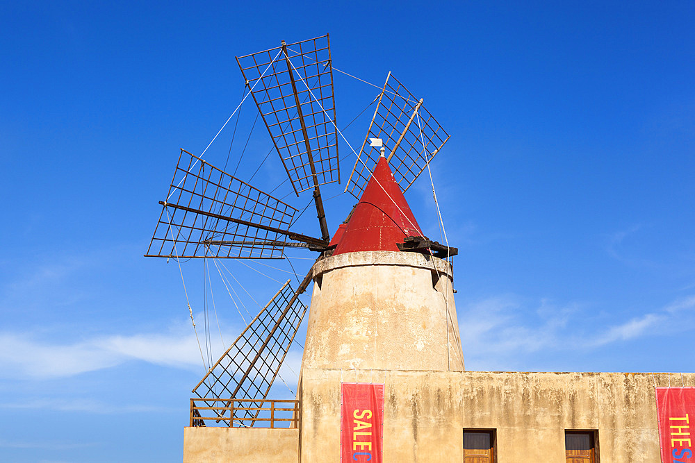 Salt Museum windmill at Stagnone salt pans, Stagnone, near Marsala and Trapani, Sicily, Italy