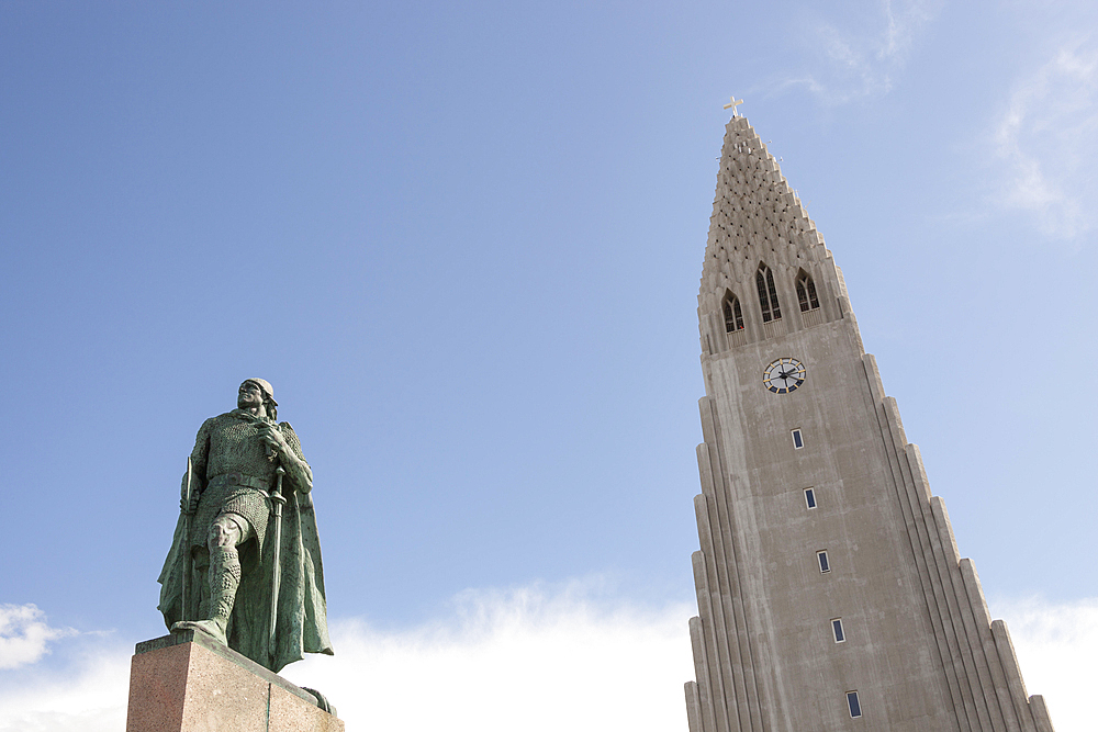 Leifur Eriksson statue and Hallgrimskirkja Church, Reykjavik, Iceland