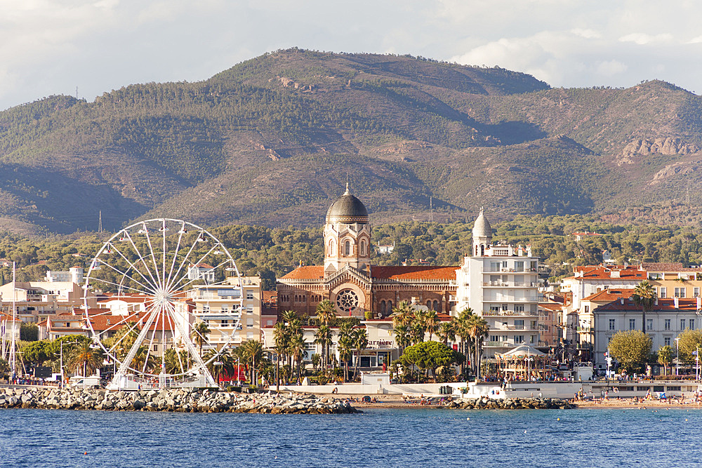 Saint Raphael town, taken from the sea, Notre Dame De La Victoire Basilica, Saint Raphael, Cote D,??Azur, France