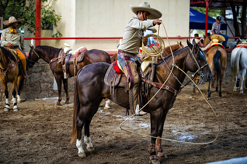 The charro twirls the rope in fancy patterns while he waits--without watching--for the mare,