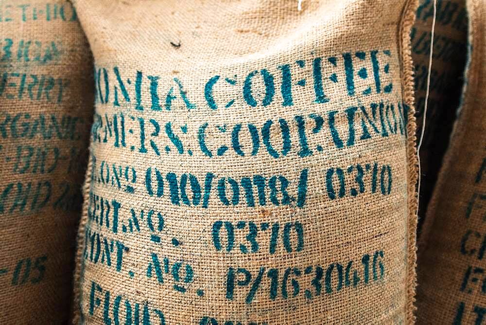 Addis Ababa, Ethiopia - A bag of arabica coffee beans ready for export at Oromia Coffee Farmers Cooperative.