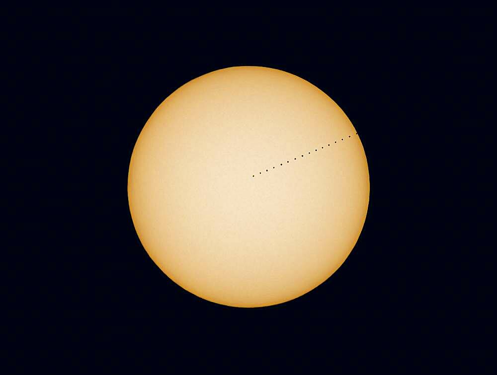 A composite of the November 11, 2019 Transit of Mercury across the disk of the Sun, on a day with no sunspots on the Sun. The temperature was about -20�8 C to -15�8 C this morning but the sky was perfectly clear.