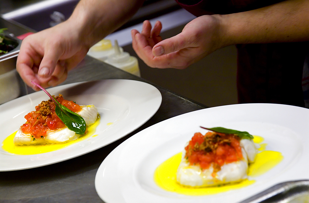 small portions of seafood in a restaurant.