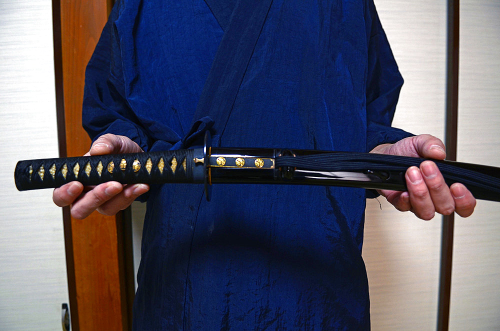 Japanese Sword Scabbard (Koshirae) Maker, Atsuhiro Morii, working at his workshop. Yokohama, Japan