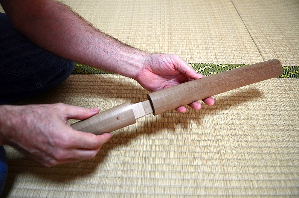 Japanese Sword Scabbard (Koshirae) Maker, Atsuhiro Morii, working at his workshop. Yokohama, Japan