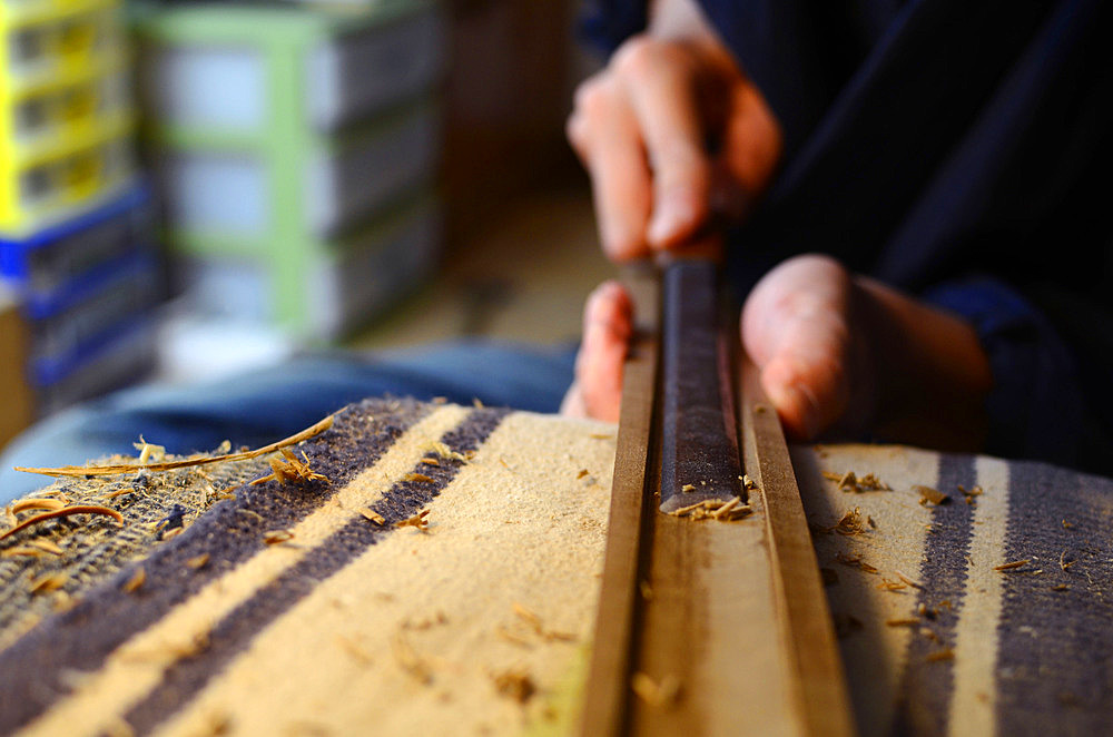 Japanese Sword Scabbard (Koshirae) Maker, Atsuhiro Morii, working at his workshop. Yokohama, Japan