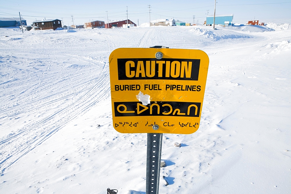 Caution sign in Gojahaven, an Inuit settlement in the far north of Canada