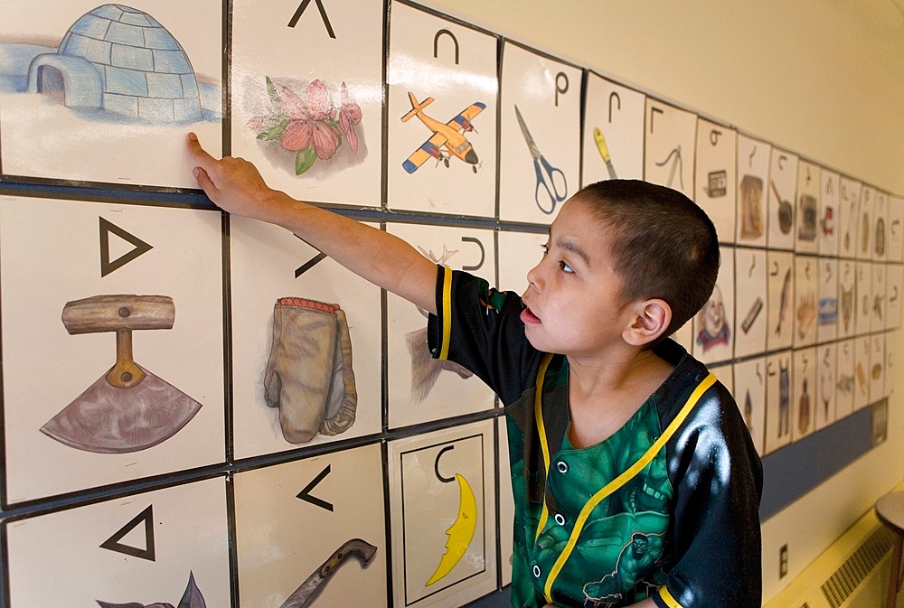 Young boy at school in Gojahaven, an Inuit settlement in the far north of Canada.