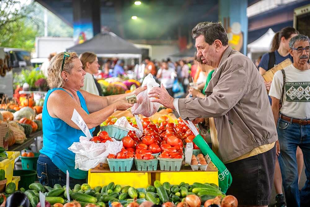 A vendor sells produce to a customer at a farmers market in Baltimore,MD