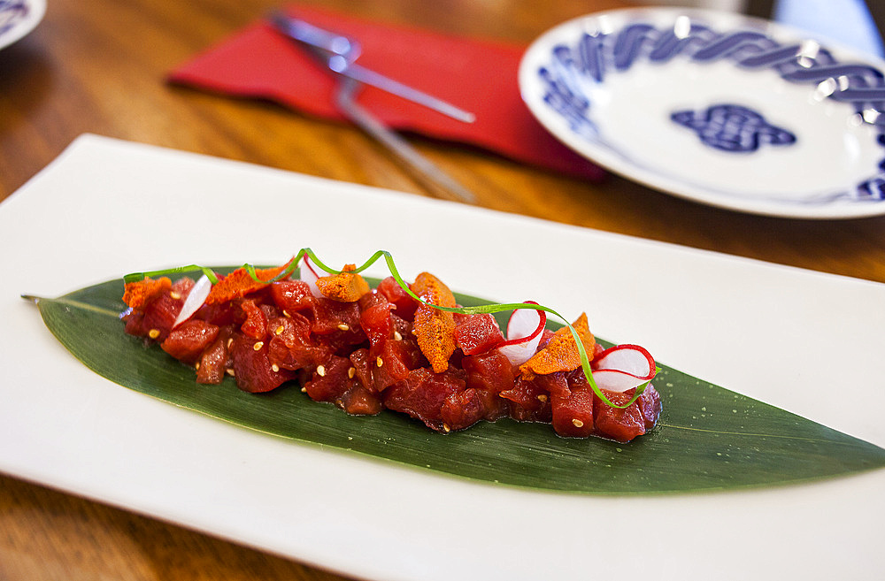 Tapa,tuna,tartar with soya, ginger and wasabi sauce.Tickets Bar,AV del Paralelo 164, Barcelona, Spain